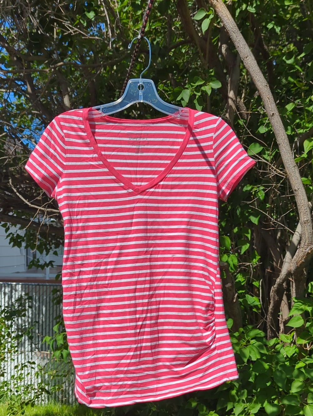 Motherhood Maternity Pink & White Striped V‑Neck Tee